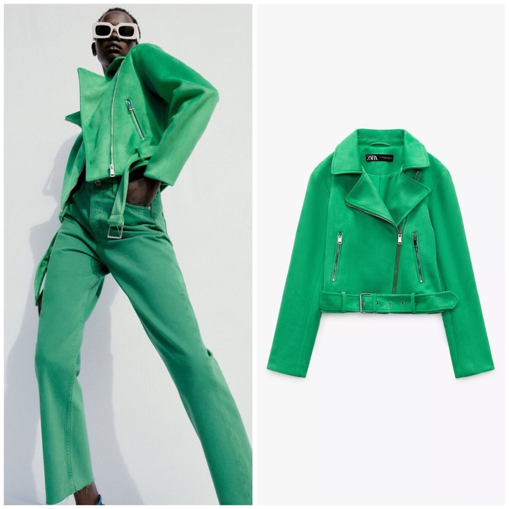 ZARA ~ ZARA GREEN FAUX SUEDE BIKE JACKET WITH Zippers And Belt